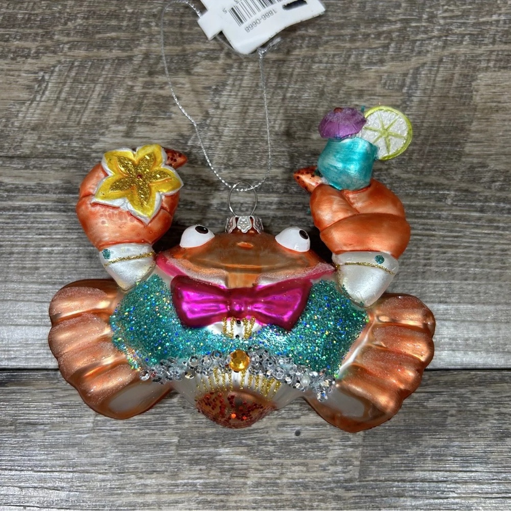 Tropical Florida Cocktail Crab Glass Christmas Ornament Place & Time Beach Ocean